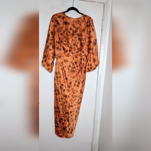 Significant Other Tropical Print Sunset Satin Midi Dress Draped Plunging - Picture 12 of 14